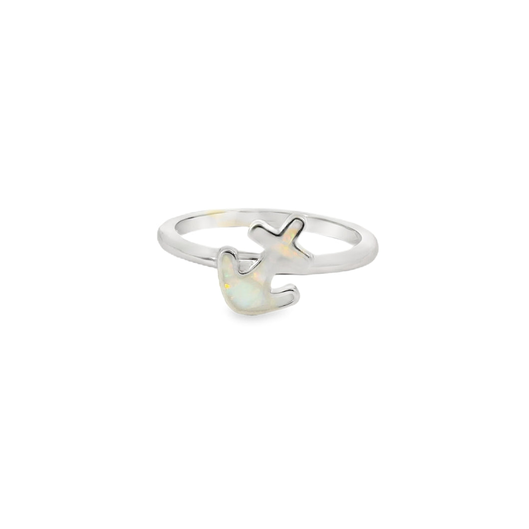 White lab opal anchor sterling silver ring