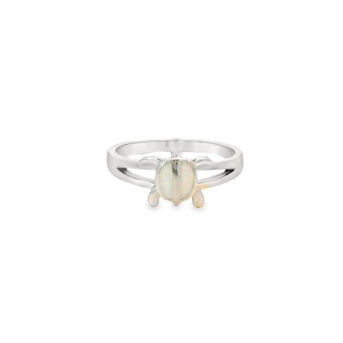 White lab opal turtle sterling silver ring