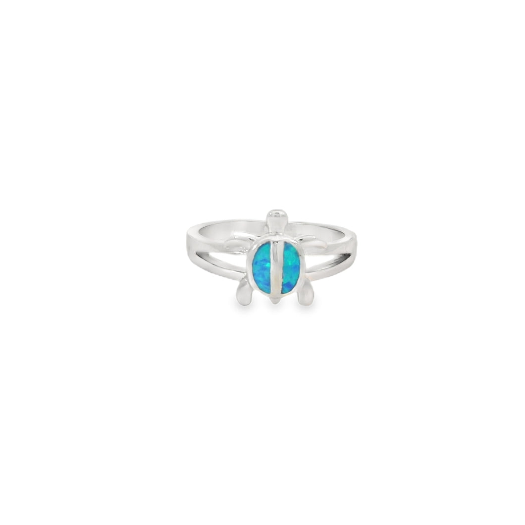 Blue lab opal turtle sterling silver ring