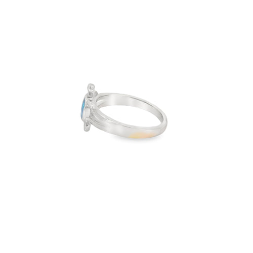 Blue lab opal turtle sterling silver ring