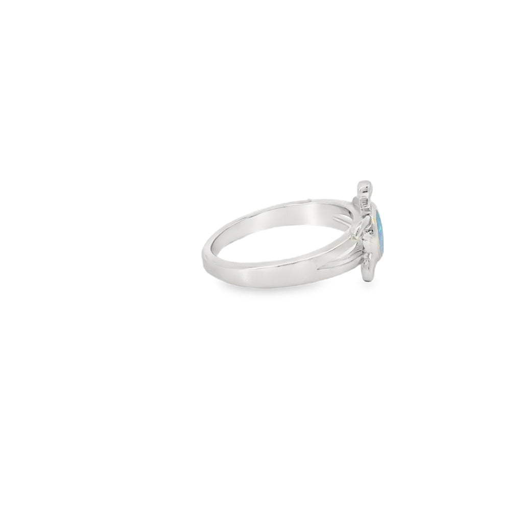 Blue lab opal turtle sterling silver ring