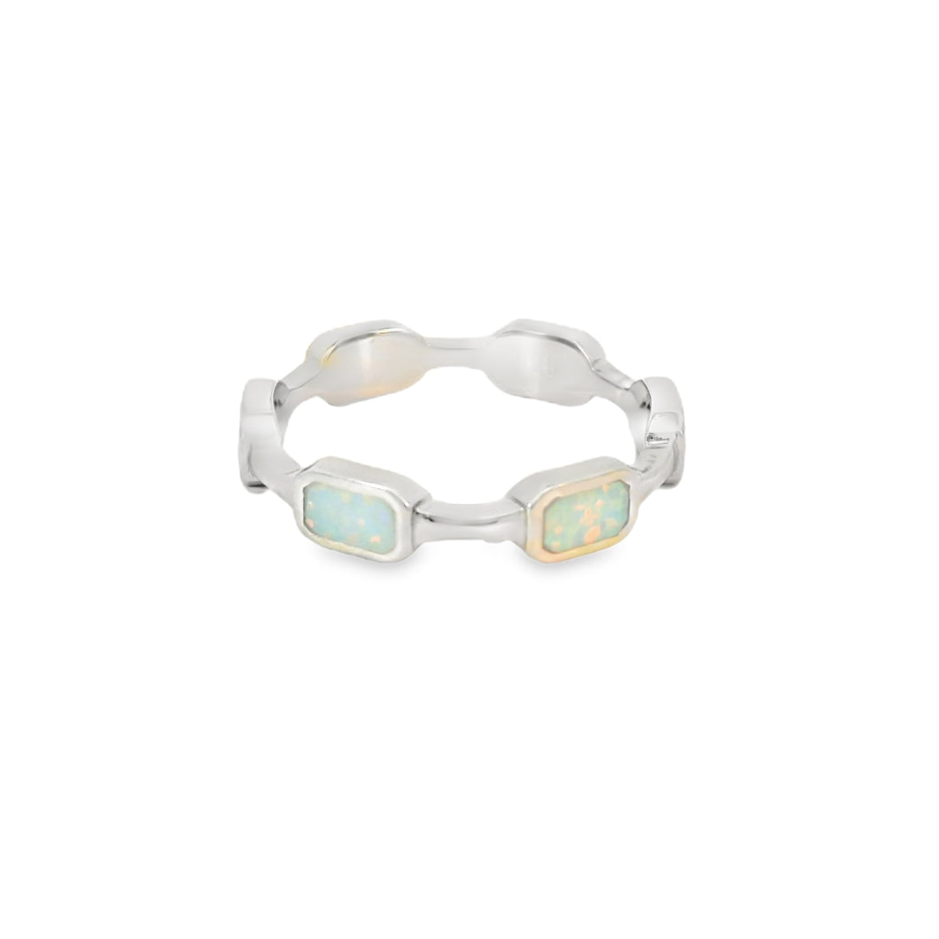White lab opal rectangles sterling silver ring