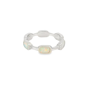 White lab opal rectangles sterling silver ring