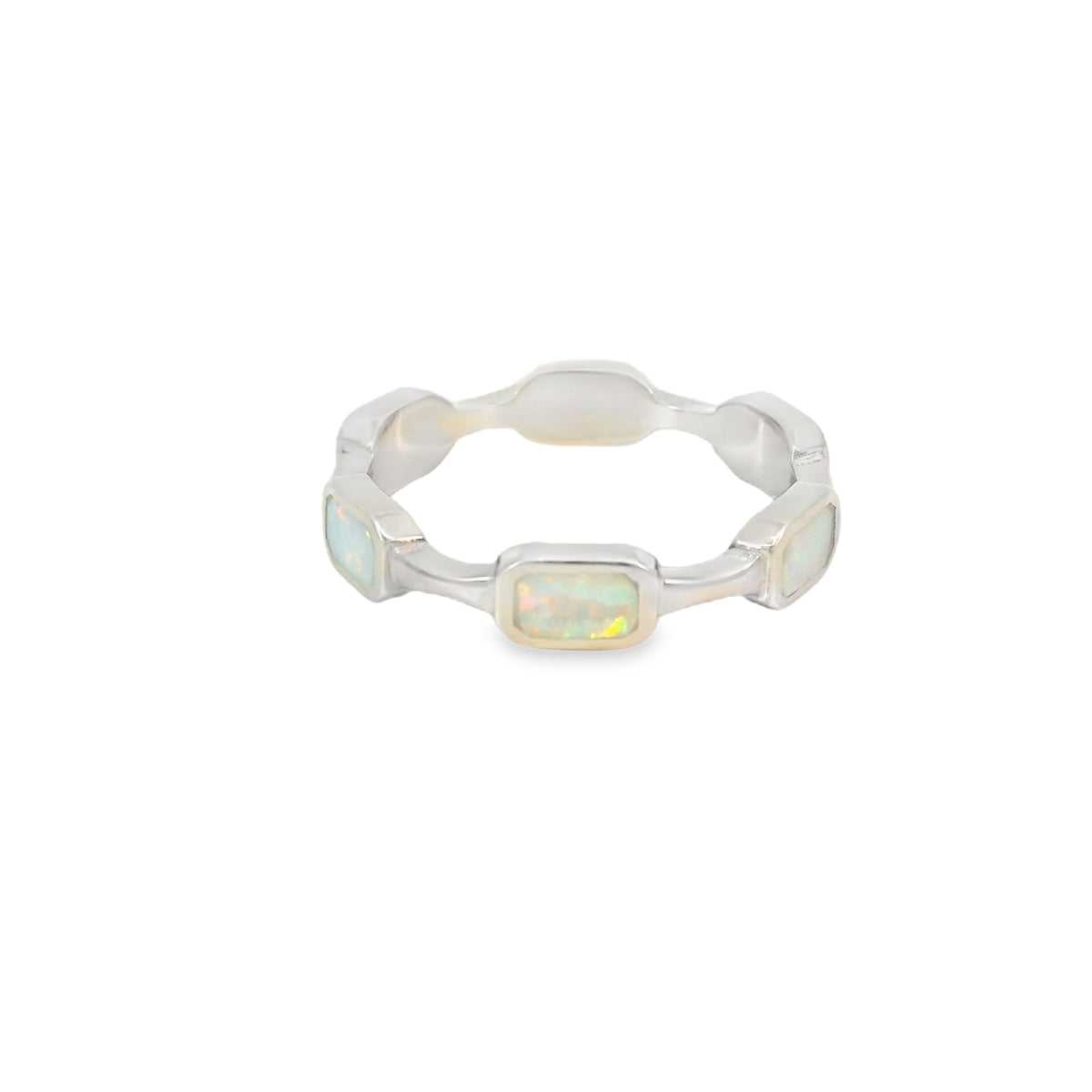 White lab opal rectangles sterling silver ring