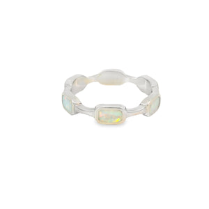 White lab opal rectangles sterling silver ring