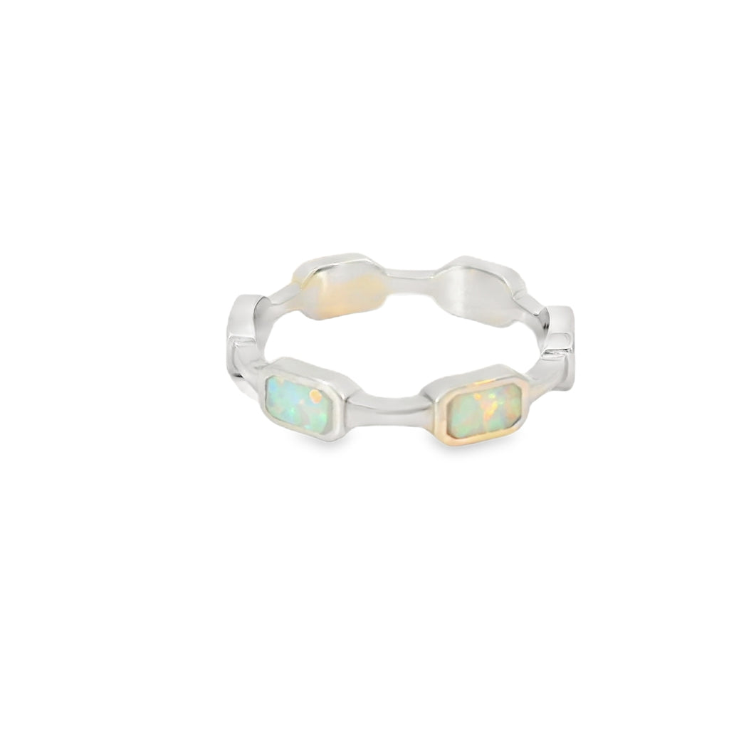 White lab opal rectangles sterling silver ring