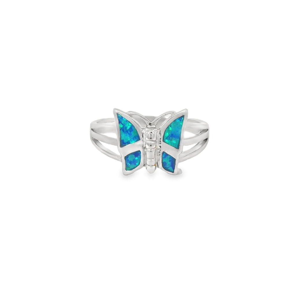 Blue lab opal butterfly sterling silver ring