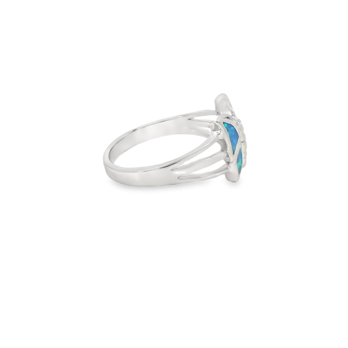 Blue lab opal butterfly sterling silver ring