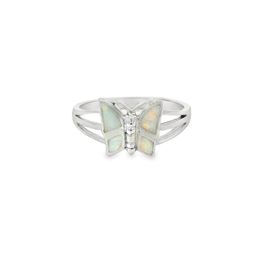 White lab opal butterfly sterling silver ring