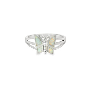 White lab opal butterfly sterling silver ring