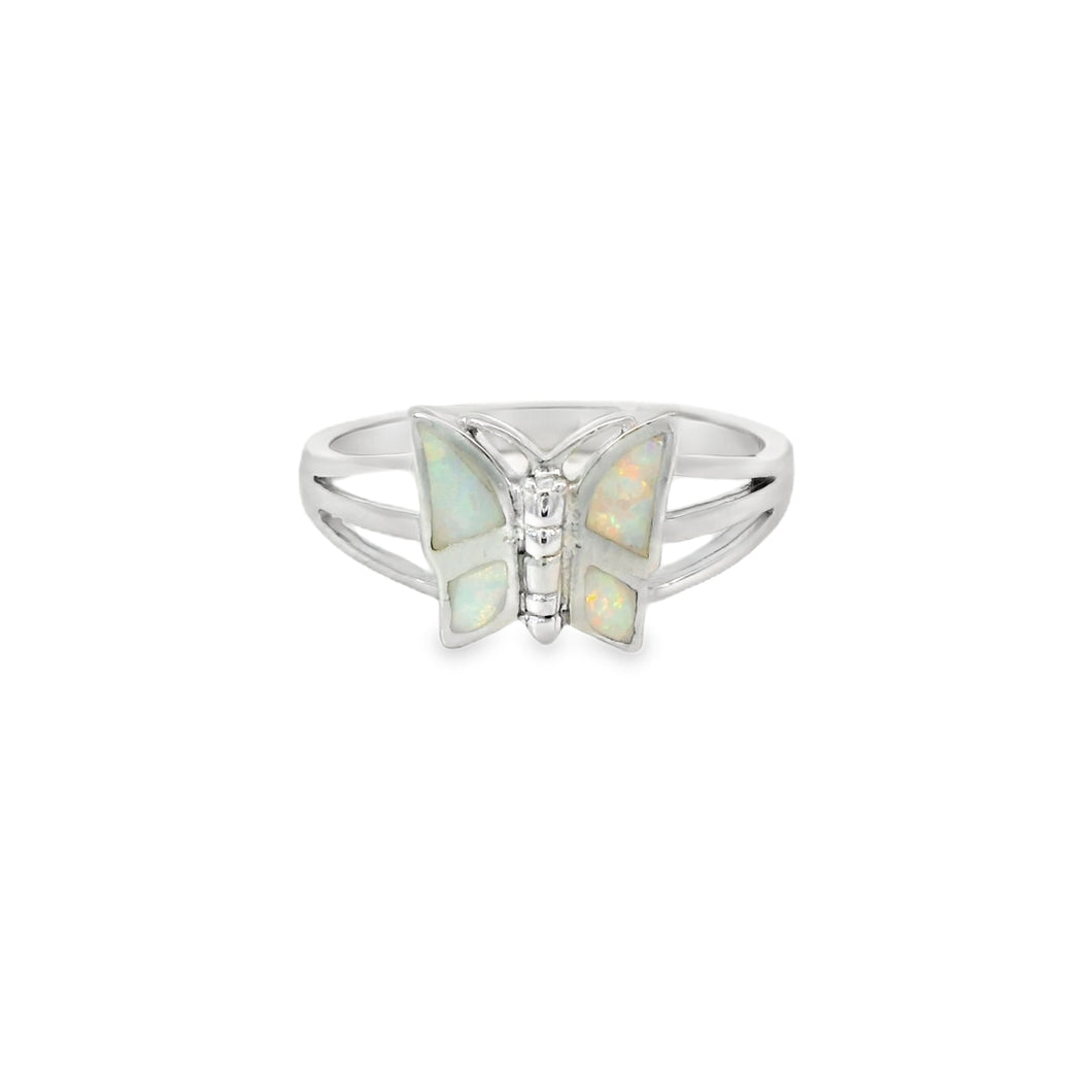 White lab opal butterfly sterling silver ring