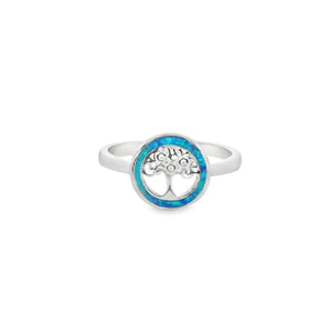 Blue lab opal tree of life sterling silver ring