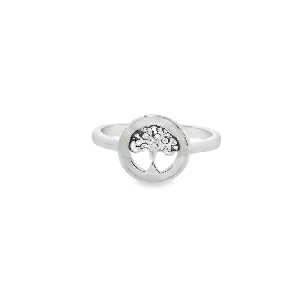 White lab opal tree of life sterling silver ring