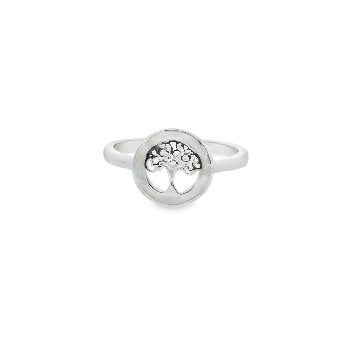 White lab opal tree of life sterling silver ring