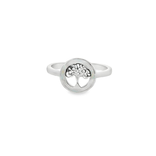 White lab opal tree of life sterling silver ring