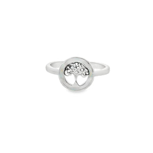 White lab opal tree of life sterling silver ring