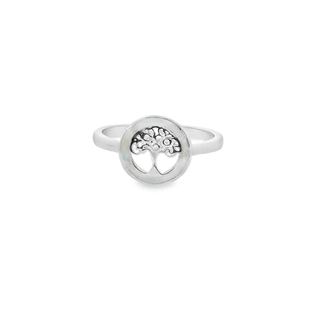 White lab opal tree of life sterling silver ring