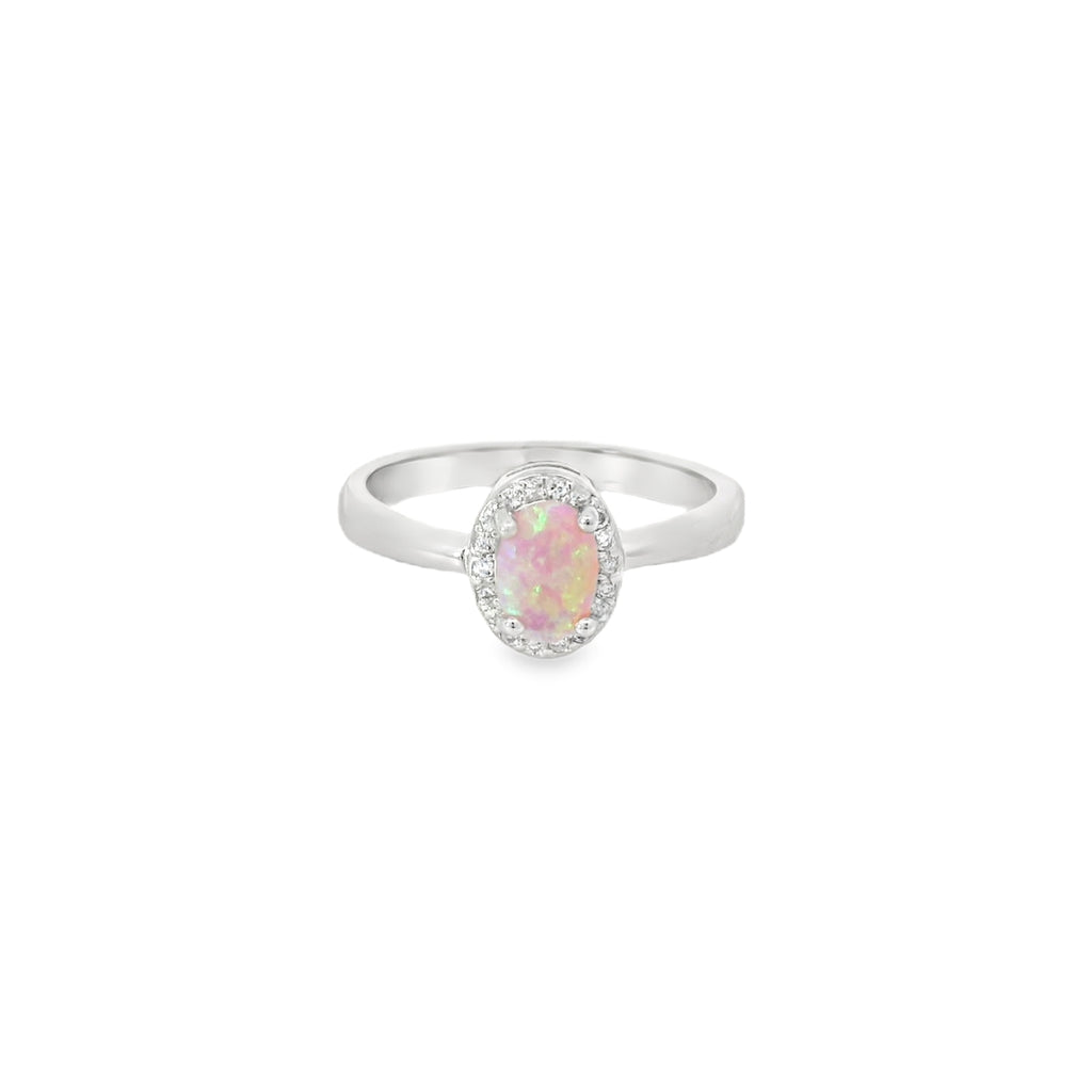 Pink Lab Opal Oval 7x5mm Cubic Zirconia Sterling Silver Ring