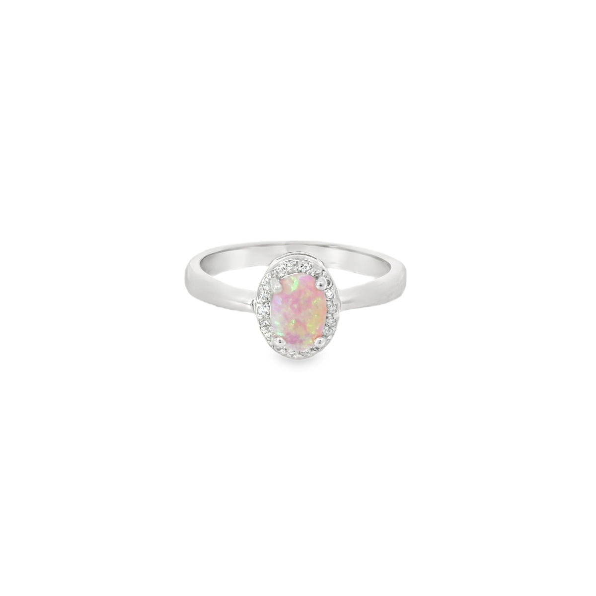 Pink Lab Opal Oval 7x5mm Cubic Zirconia Sterling Silver Ring