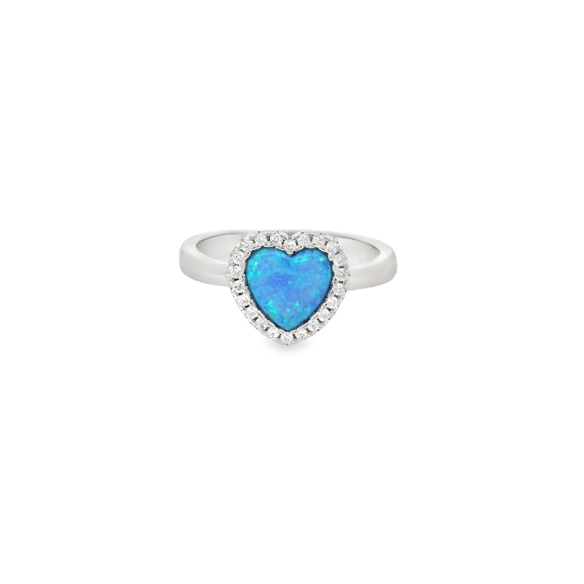 Blue lab opal 7x7mm heart cubic zirconia sterling silver ring
