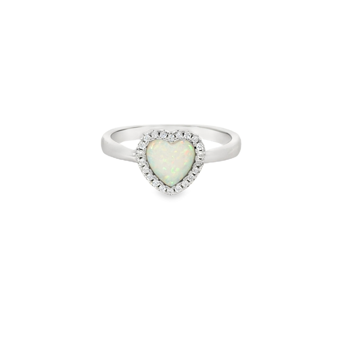 White lab opal 7x7mm heart cubic zirconia sterling silver ring