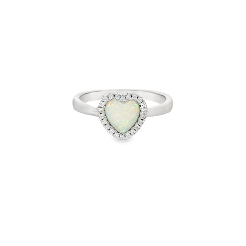 White lab opal 7x7mm heart cubic zirconia sterling silver ring