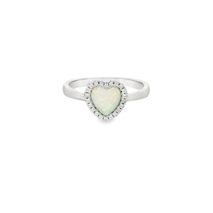 White lab opal 7x7mm heart cubic zirconia sterling silver ring