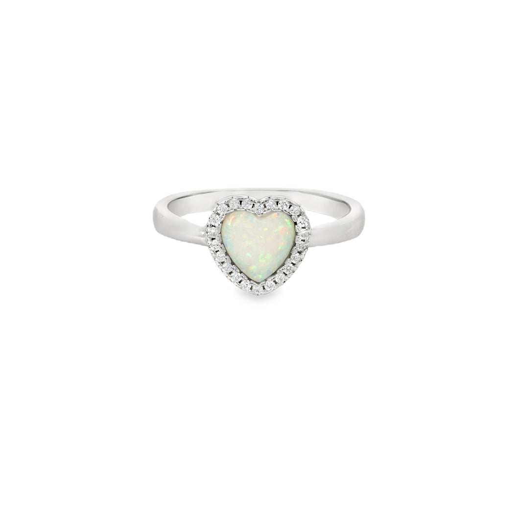 White lab opal 7x7mm heart cubic zirconia sterling silver ring