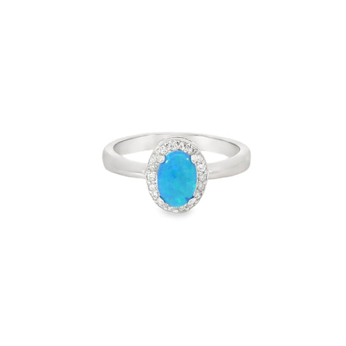Blue Lab Opal Oval 7x5mm Cubic Zirconia Sterling Silver Ring