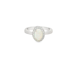 White Lab Opal Oval 7x5mm Cubic Zirconia Sterling Silver Ring