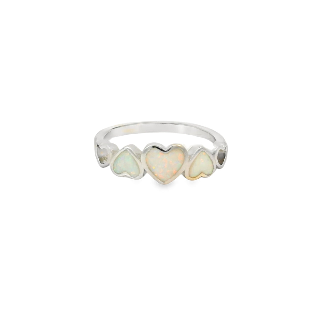 White lab opal hearts sterling silver ring