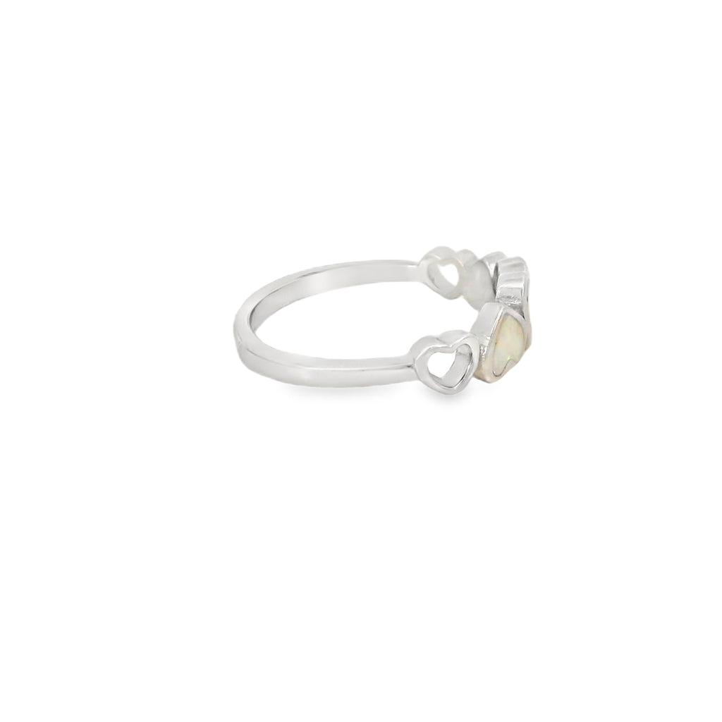 White lab opal hearts sterling silver ring