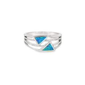 Two blue triangle lab opal sterling silver ring
