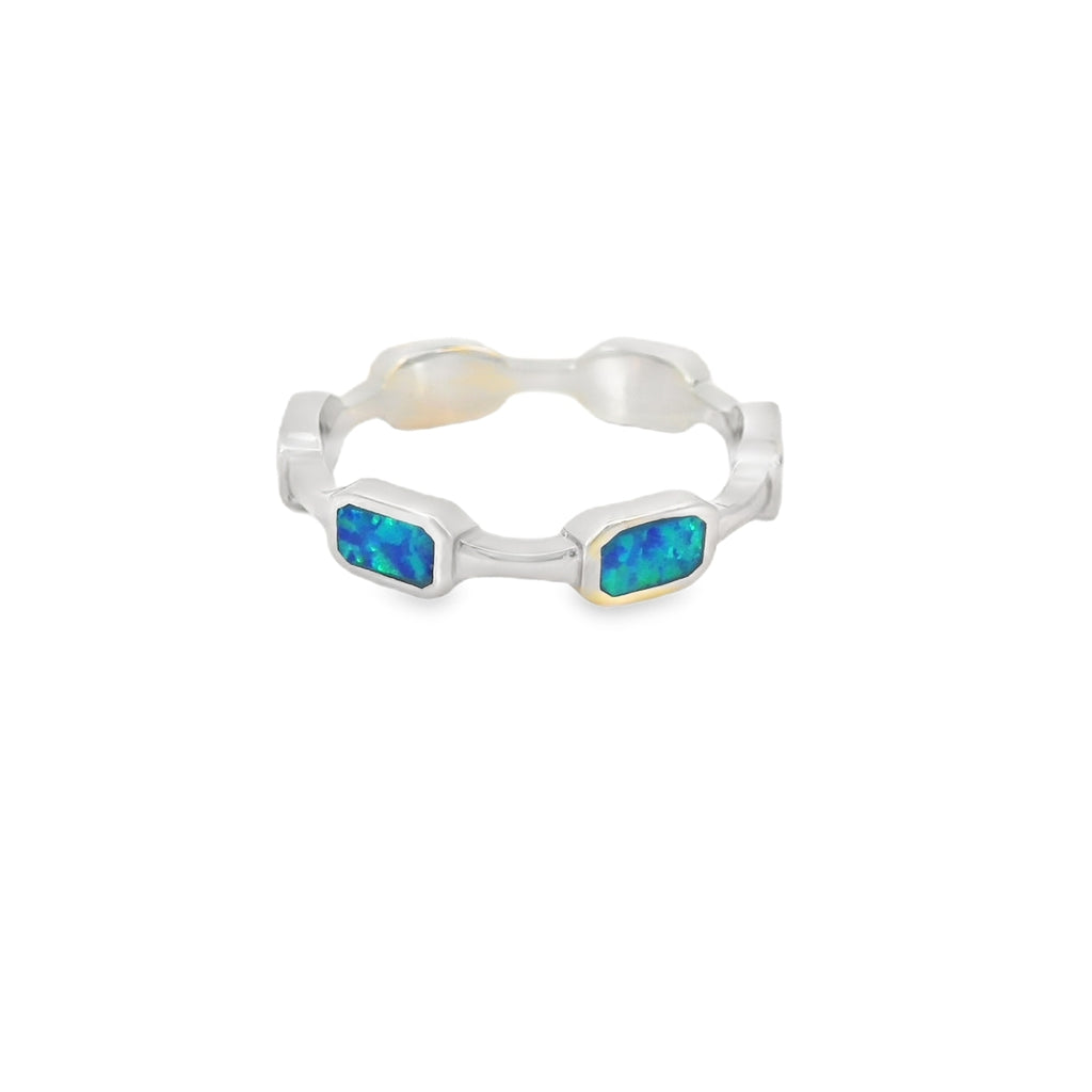 Lab opal blue rectangles sterling silver ring