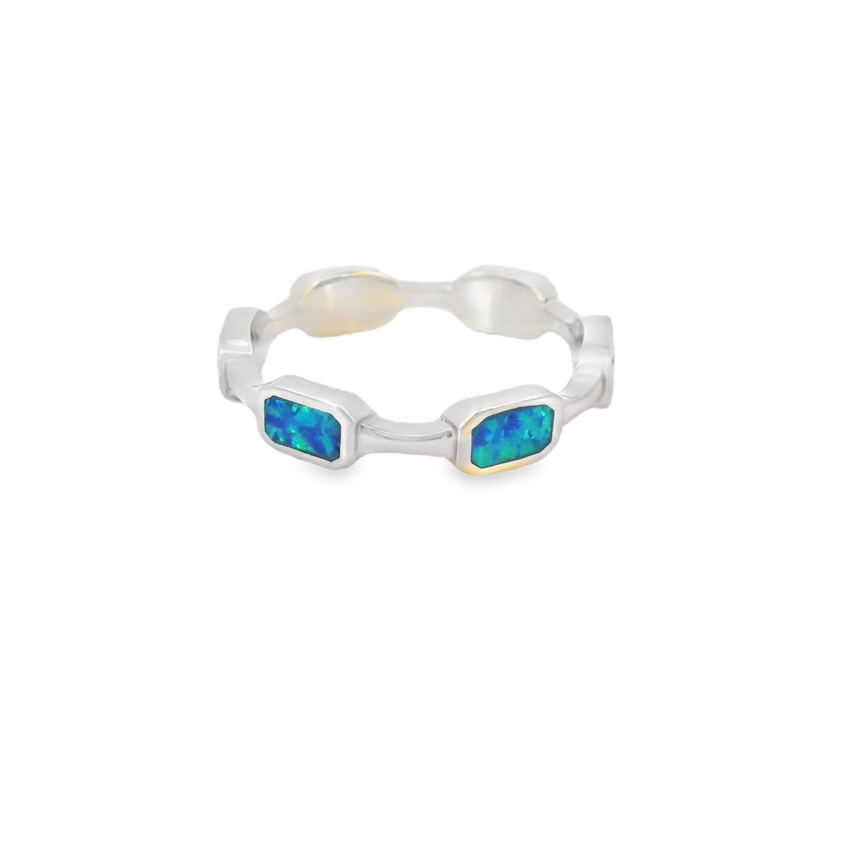 Lab opal blue rectangles sterling silver ring