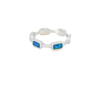 Lab opal blue rectangles sterling silver ring