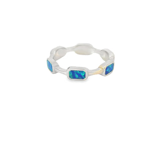Lab opal blue rectangles sterling silver ring