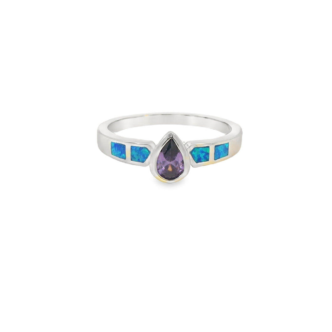 Blue Lab Opal Purple Tear Drop Cubic Zirconia Ring