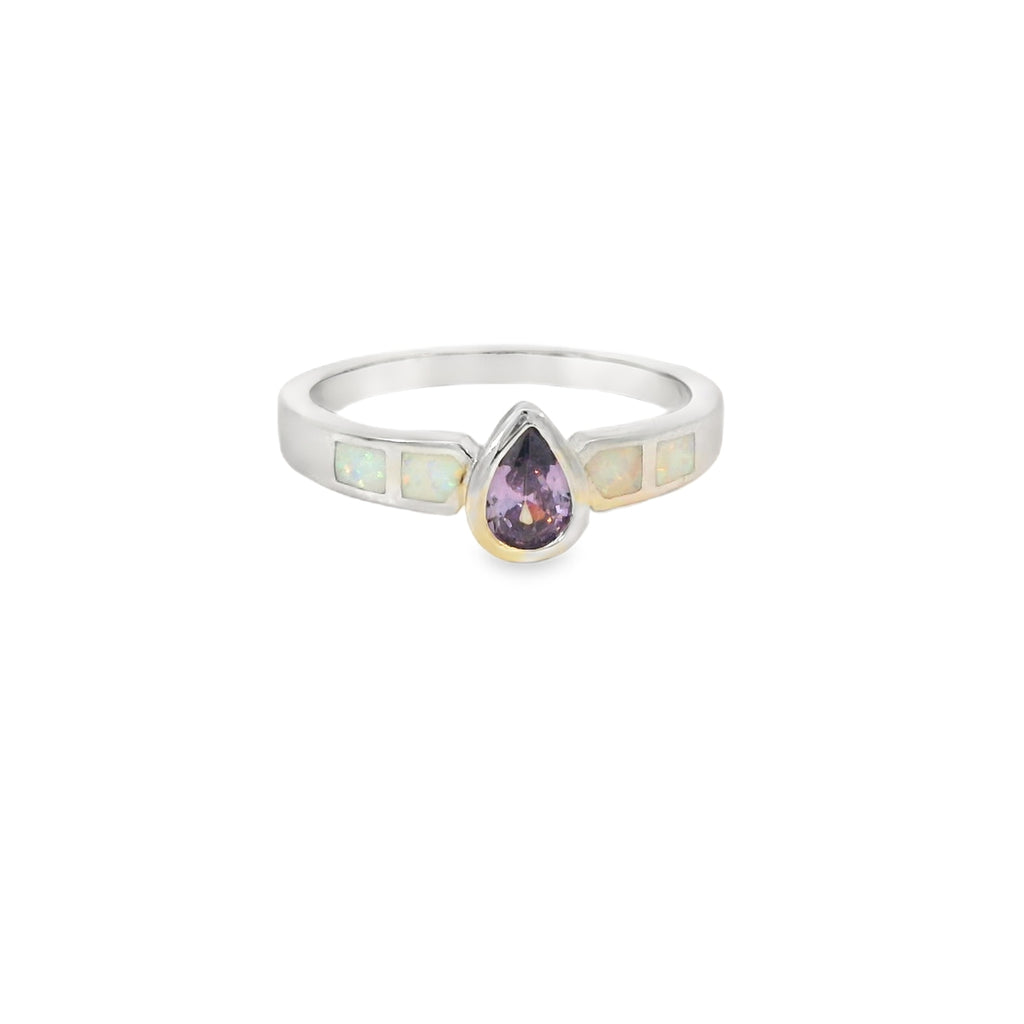 White Lab Opal Purple Tear Drop Cubic Zirconia Ring