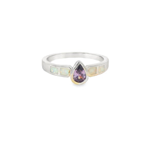 White Lab Opal Purple Tear Drop Cubic Zirconia Ring