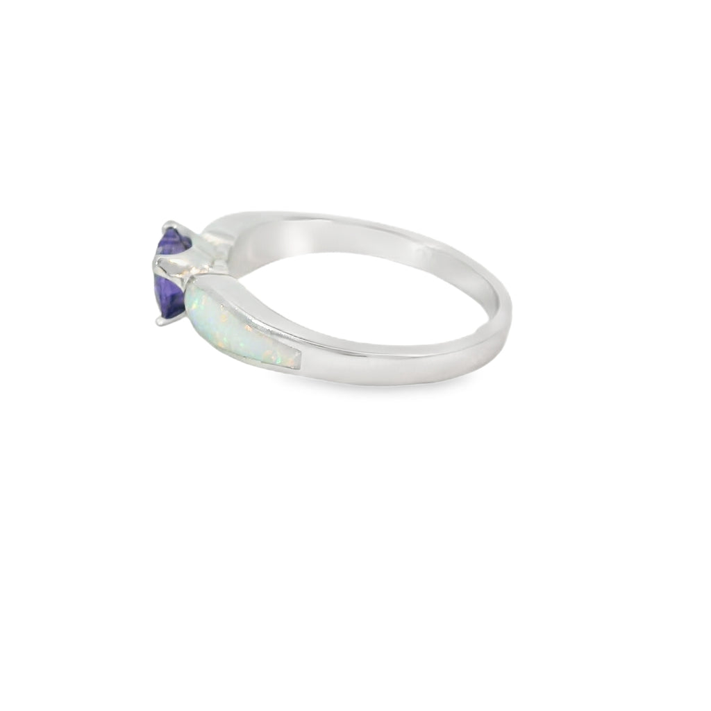 White Lab Opal 6x6mm Purple Cubic Zirconia Heart Ring