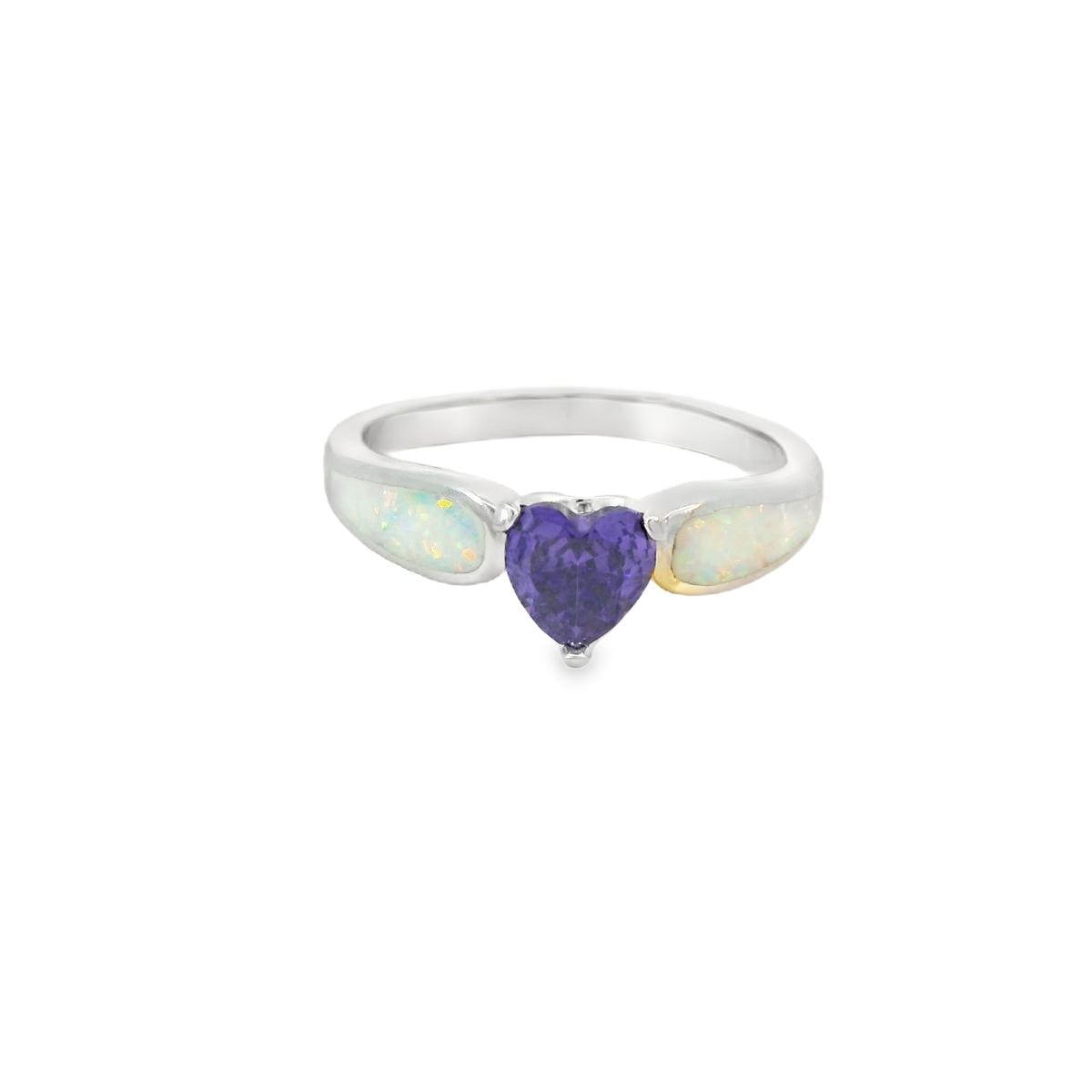 White Lab Opal 6x6mm Purple Cubic Zirconia Heart Ring