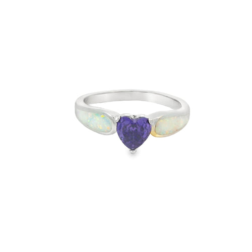White Lab Opal 6x6mm Purple Cubic Zirconia Heart Ring