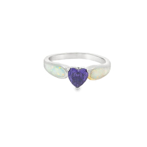 White Lab Opal 6x6mm Purple Cubic Zirconia Heart Ring