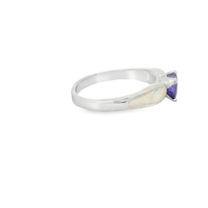 White Lab Opal 6x6mm Purple Cubic Zirconia Heart Ring