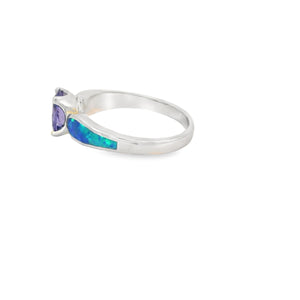 Blue Lab Opal 8x6mm Oval Purple Cubic Zirconia Ring