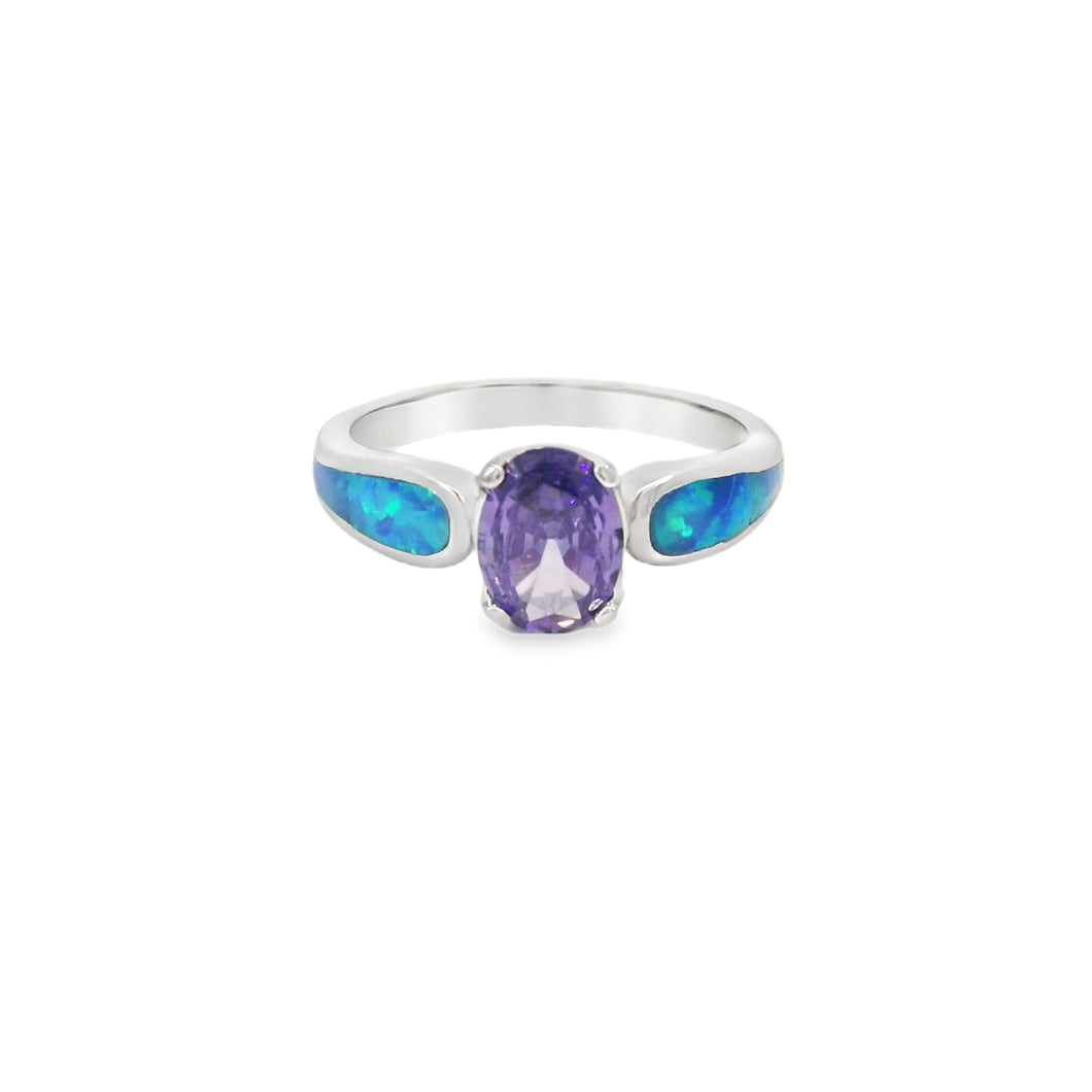 Blue Lab Opal 8x6mm Oval Purple Cubic Zirconia Ring