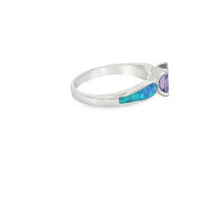 Blue Lab Opal 8x6mm Oval Purple Cubic Zirconia Ring
