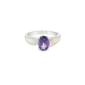 White Lab Opal 8x6mm Oval Purple Cubic Zirconia Ring