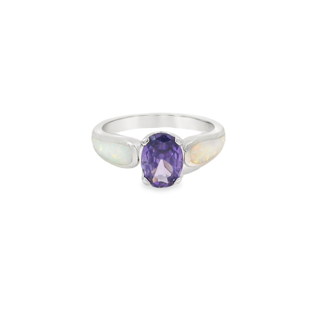 White Lab Opal 8x6mm Oval Purple Cubic Zirconia Ring